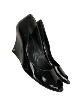 Gucci Patent Leather Peep Toe Logo Wedge Heel Shoes